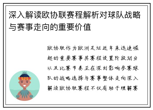 深入解读欧协联赛程解析对球队战略与赛事走向的重要价值