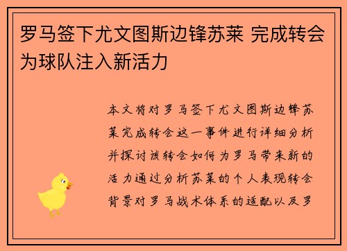 罗马签下尤文图斯边锋苏莱 完成转会为球队注入新活力 罗马签下尤文图斯边锋苏莱 完成转会为球队注入新活力